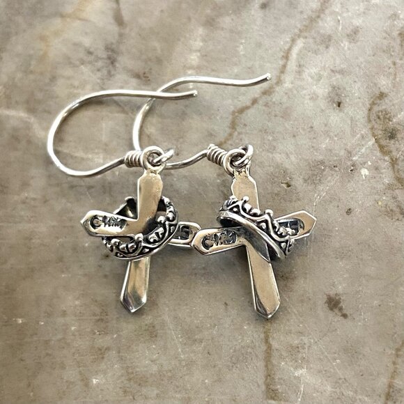 Sterling Silver 925 Petite Dainty Cross & Crown Dangle Drop Earrings - Picture 6 of 16